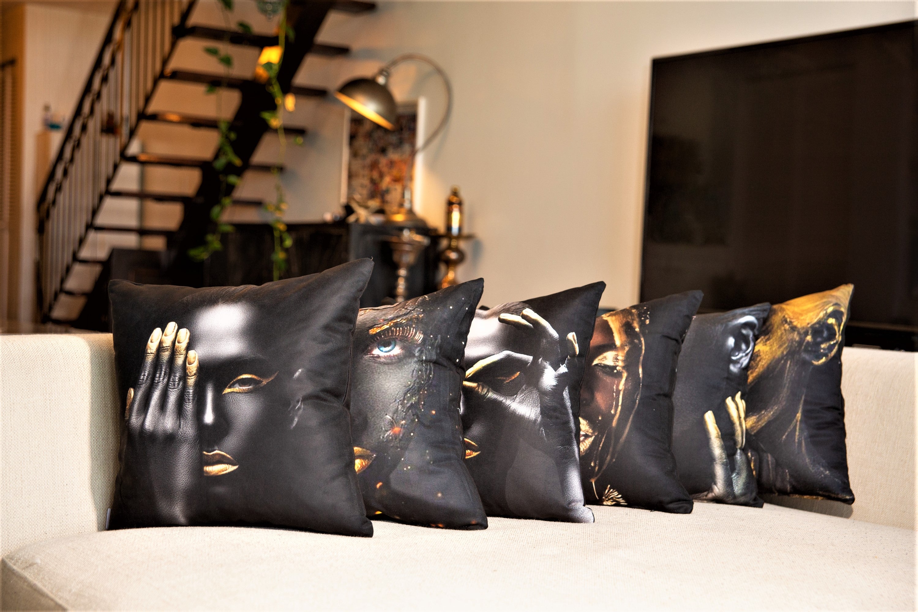 Decorative Throw Pillow | Cushion Cover | Modern Loft | Gold Black Art